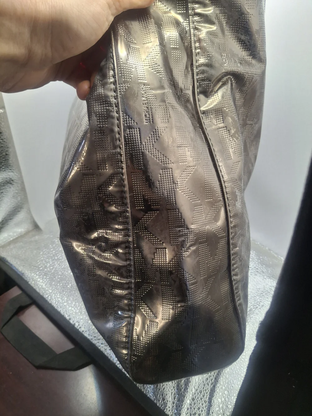 Fair Condition Michael Kors Metallic Bronze Logo Tote with Tan Handles - Picture 9 of 15